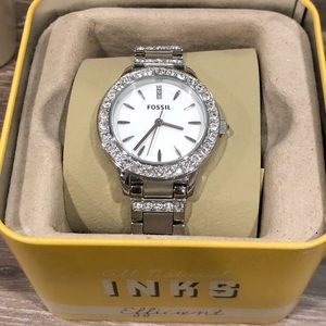 Silver fossil watch with diamonds